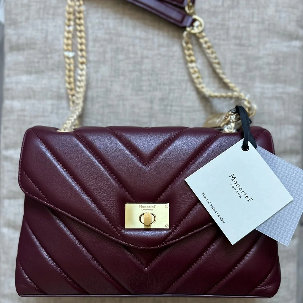Viral MONCRIEF LONDON Cathryn Bordeaux Leather Flap Over Quilted Tote NWT - Picture 7 of 14